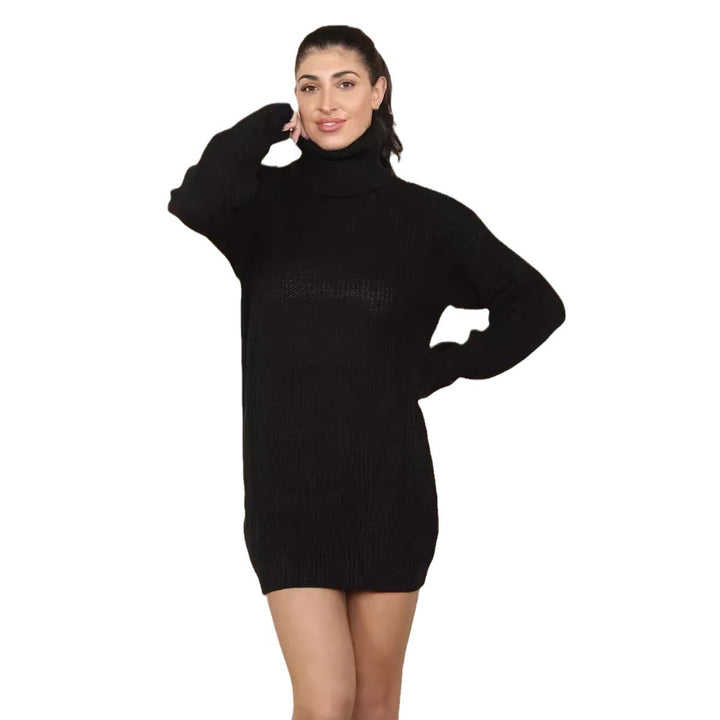 Oversized knit dress for women with a high collar and decorative ribbing design Lune London