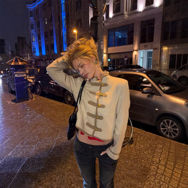 Women's Short Military-Inspired Jacket with Stand-Up Collar and Decorative Button Placket Amarae