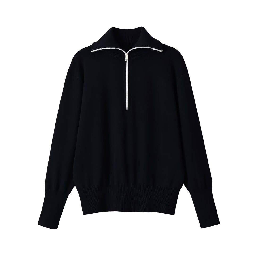 Women Oversize Half-Zip Knit Sweater with Stand-Up Collar and Ribbed Cuffs Amarae
