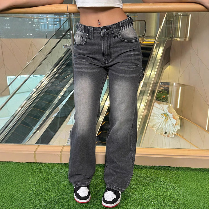 Women's High-Waisted Casual Wide-Leg Denim Pants with Vintage Wash and Extra Length Amarae
