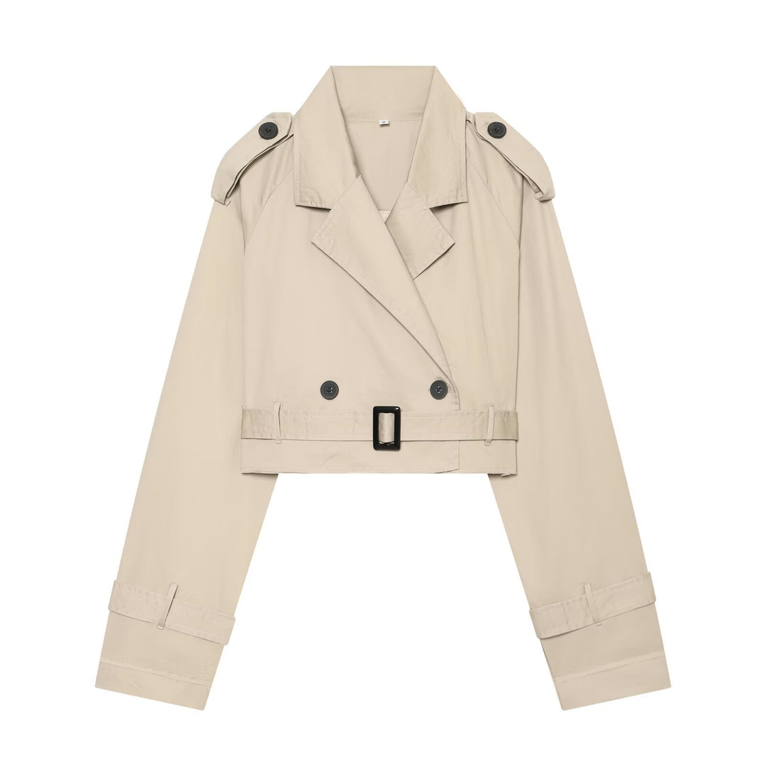Women's short blouson trench coat with double-breasted button placket, shoulder epaulets, and waist belt Amarae