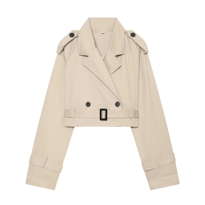 Women's short blouson trench coat with double-breasted button placket, shoulder epaulets, and waist belt Amarae
