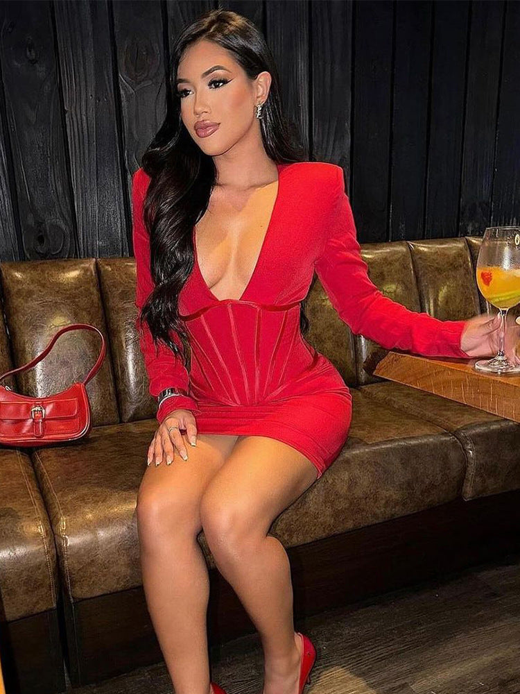 Women's Figure-Hugging Mini Dress with Integrated Corset and Deep V-Neck Amarae