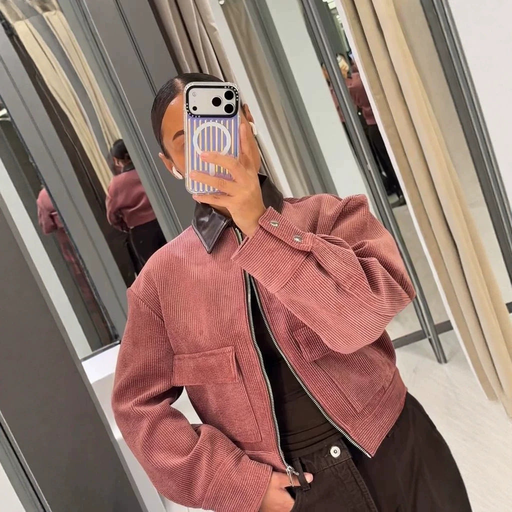 Women's Short Cord Jacket with Contrasting Leather Collar, Oversized Silhouette and Metal Zipper Amarae