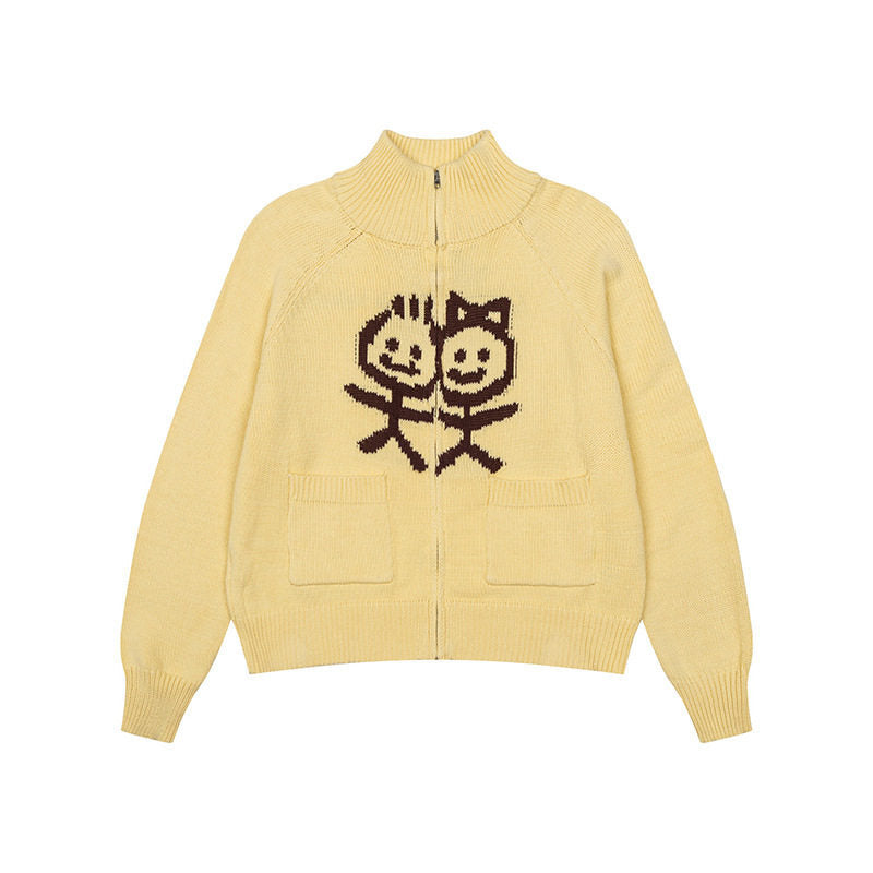 Women's chunky knit zip cardigan with stand-up collar, patch pockets and cartoon intarsia Amarae