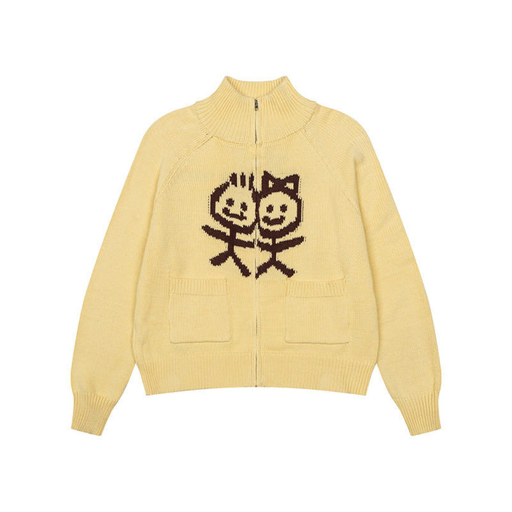 Women's chunky knit zip cardigan with stand-up collar, patch pockets and cartoon intarsia Amarae