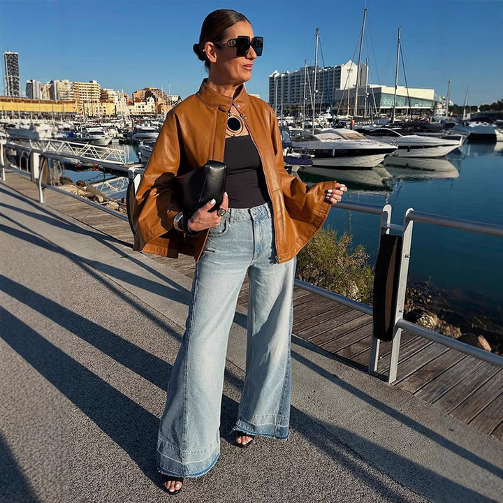 Women's Cape Sleeve Leather Jacket with Stand-up Collar Amarae