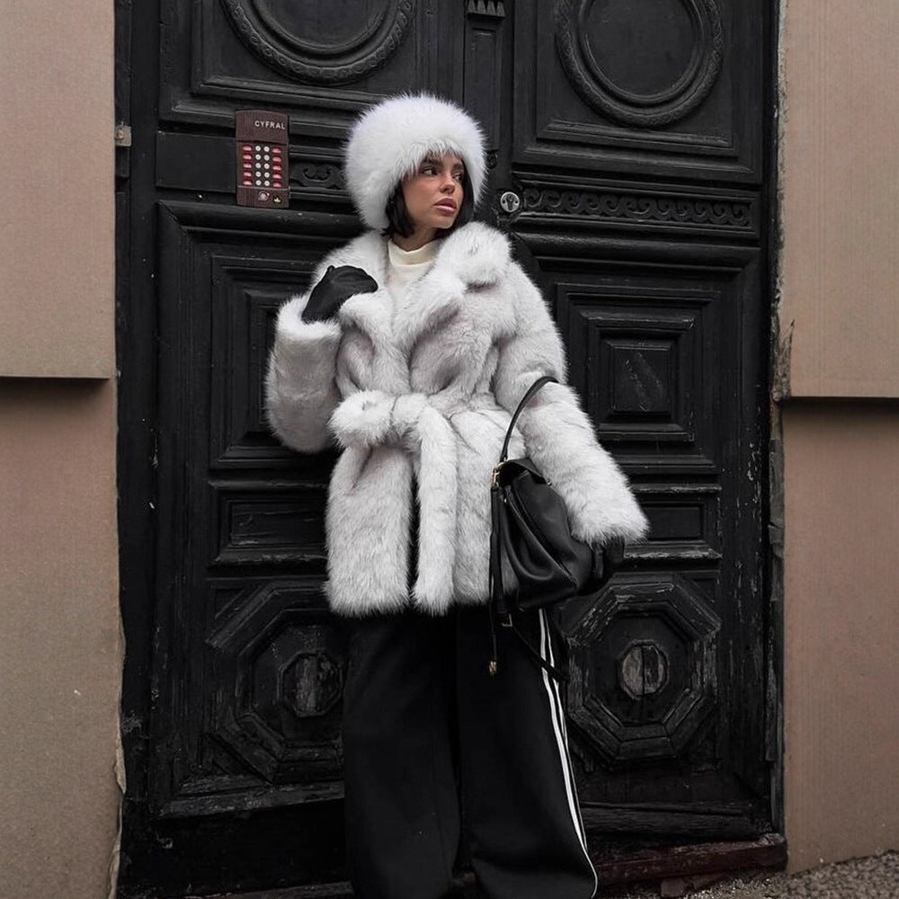 Women Voluminous Short Coat made of Faux Fur with Waist Belt and Oversized Shawl Collar Amarae
