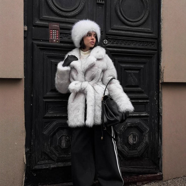 Women Voluminous Short Coat made of Faux Fur with Waist Belt and Oversized Shawl Collar Amarae