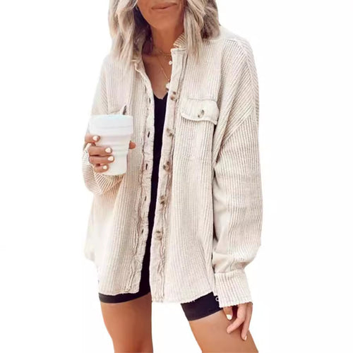 Ladies Casual Waffle Knit Jacket with Practical Pockets and Chic Button Details and Style