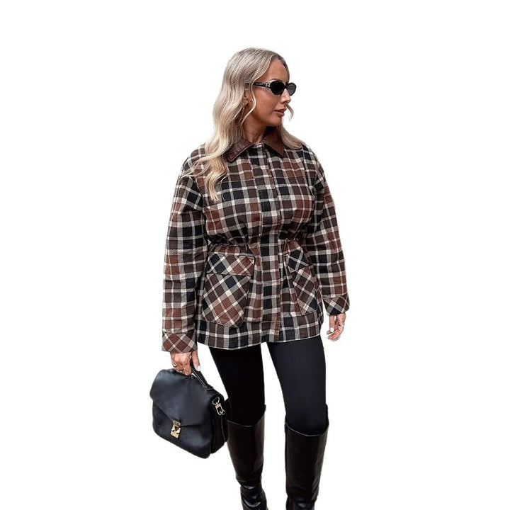 Women Checked Shacket with Waist Drawstring, Flap Pockets & Leather-Look Collar Amarae