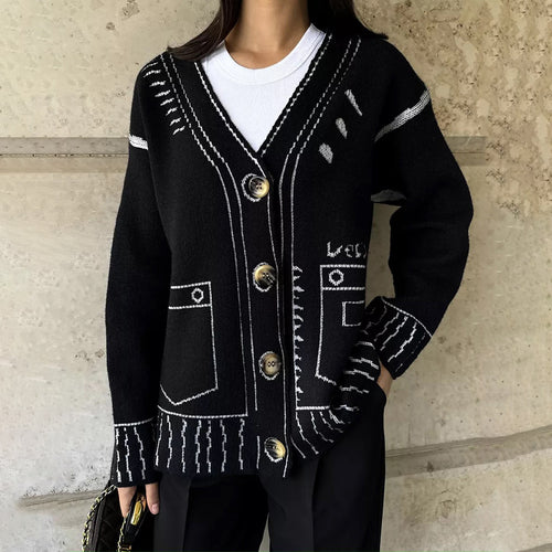 Designer knit jacket for women with a striking geometric pattern and big buttons Amarae