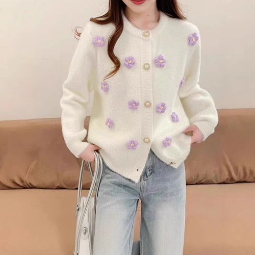 Knit jacket for women with delicate floral embroidery and pearl buttons Amarae