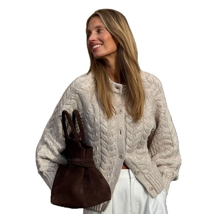 Women Chunky Knit Cable Pattern Cardigan with Balloon Sleeves Amarae