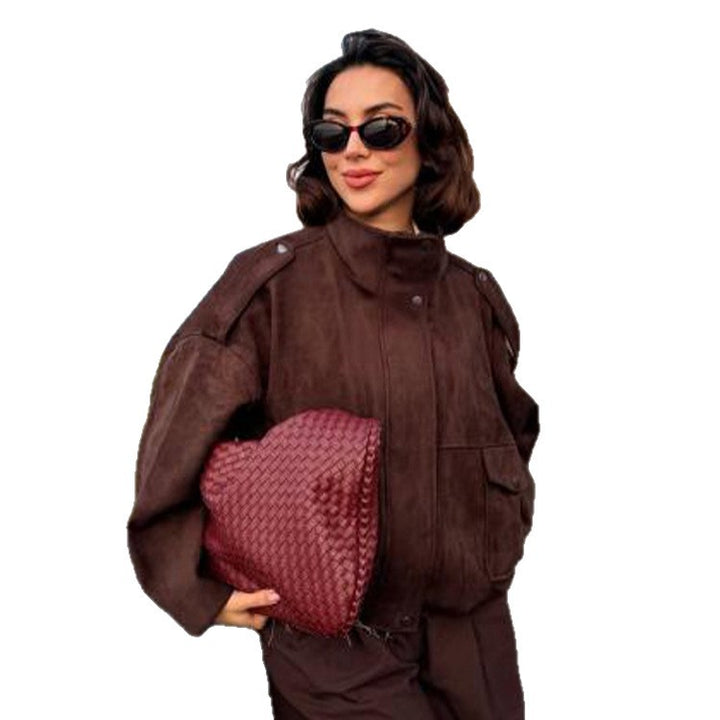 Women's Oversized Suede Bomber with Shoulder Epaulettes, Flap Pockets and High Stand-Up Collar Amarae
