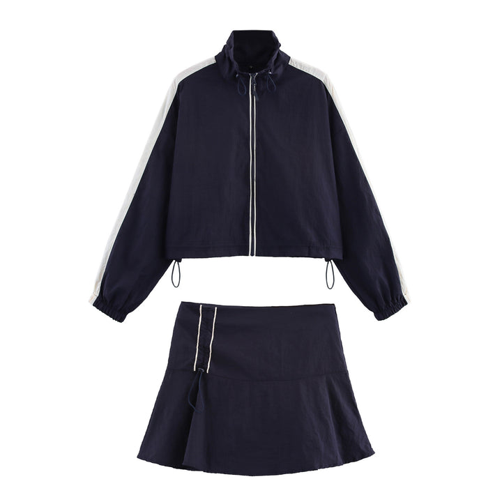 Women's Cropped Windbreaker Jacket with High Collar, Drawstring and Contrast Stripes Amarae
