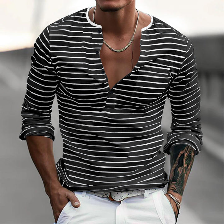 Striped long-sleeved shirt for men with button placket and V-neck Lune London