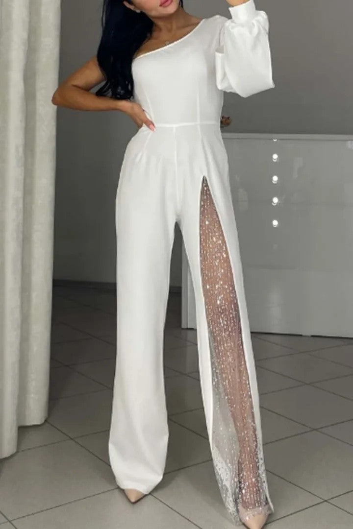 Women Elegant Jumpsuit with Transparent Inserts and Sequins Lune London