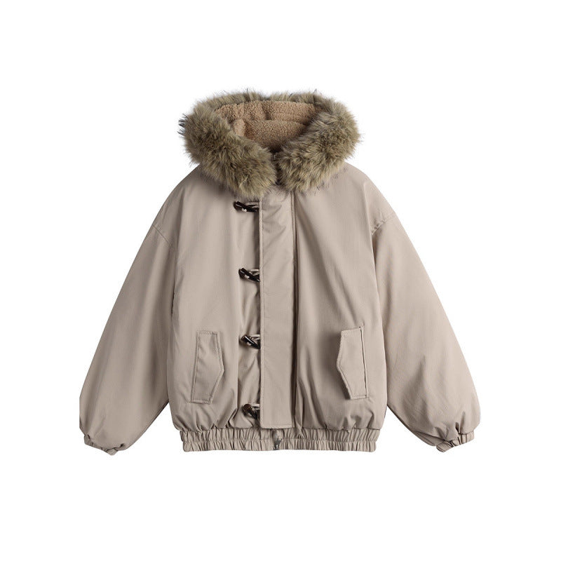 Unisex Padded Hooded Jacket in Boxy Cut with Teddy Lining, Faux Fur Collar and Toggle Closures Amarae