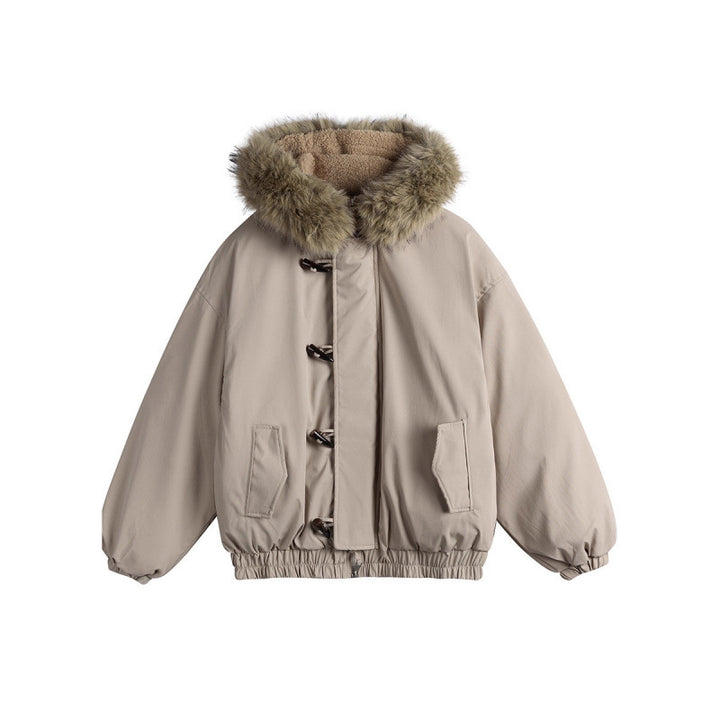 Unisex Padded Hooded Jacket in Boxy Cut with Teddy Lining, Faux Fur Collar and Toggle Closures Amarae