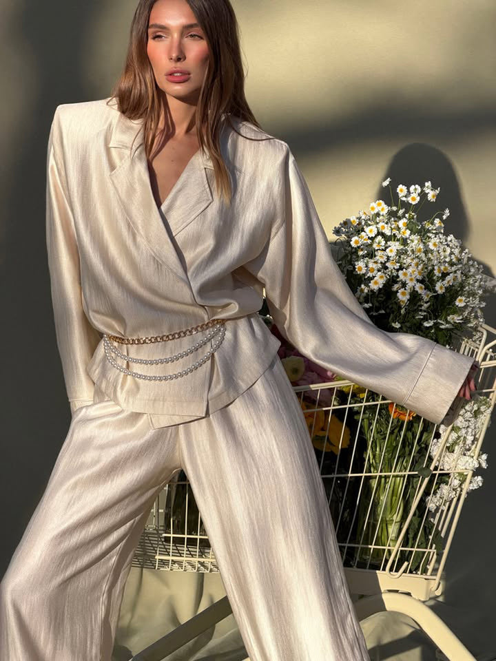 Women's satin two-piece set with wrap blouse, wide pants and elastic waistband Amarae