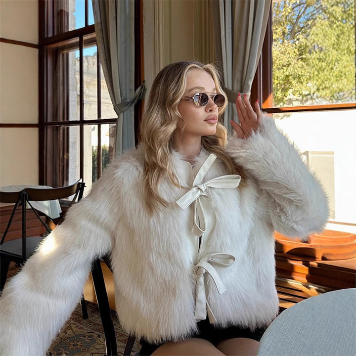 Women's Short Cut Faux Fur Coat with Decorative Ribbons and Boxy Silhouette Amarae