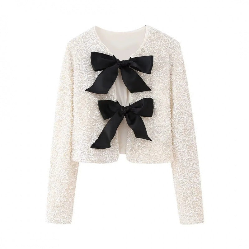 Women Sequin Cropped Jacket with Open Front Panels and Large Satin Ribbons Amarae
