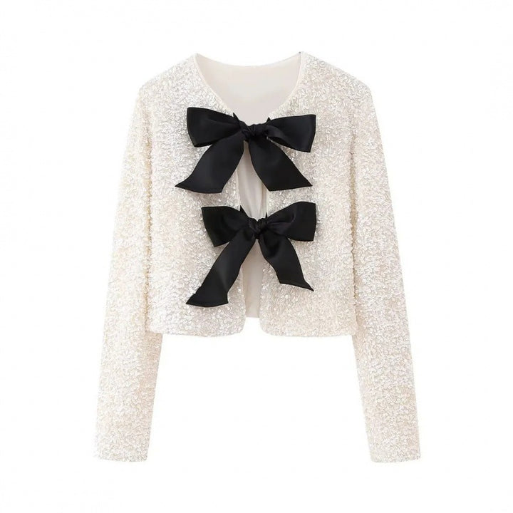 Women Sequin Cropped Jacket with Open Front Panels and Large Satin Ribbons Amarae