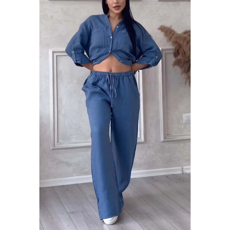 Women's Wide Linen Blend Pants with High Elastic Waistband, Drawstring and Palazzo Silhouette Amarae