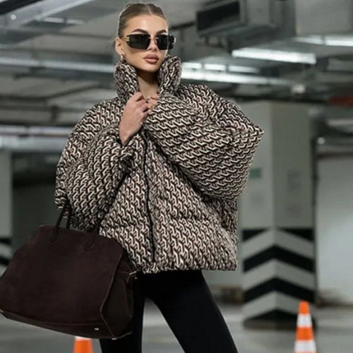 Women Short Quilted Oversized Quilted Jacket with High Shawl Collar Amarae