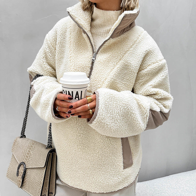 Women's Oversized Sherpa-Fleece Pullover with Half Zipper and Kangaroo Pocket Amarae