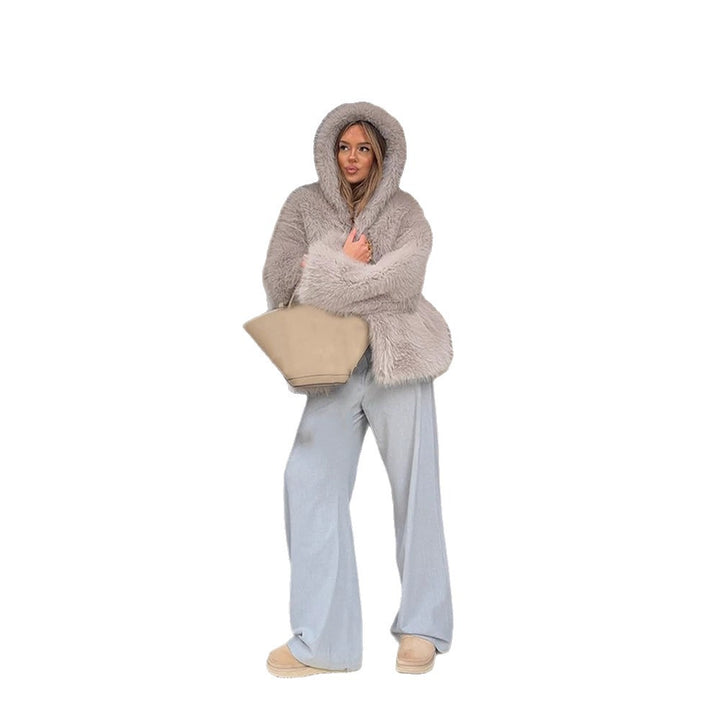 Women's Cozy Short Faux Fur Jacket with Extra Voluminous Hood Amarae