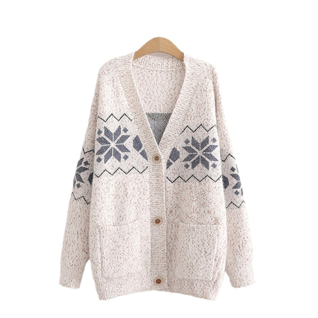 Ladies Large knitted cardigan with contemporary zigzag pattern and practical pockets Lune London