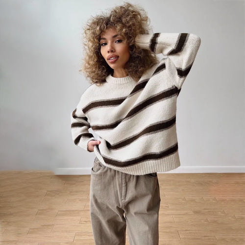 Thick knit sweater for women with an original striped pattern Amarae