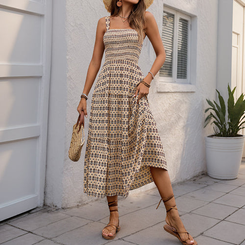 Midi ruffle dress inspired by bohemian style for women with adjustable spaghetti straps Amarae