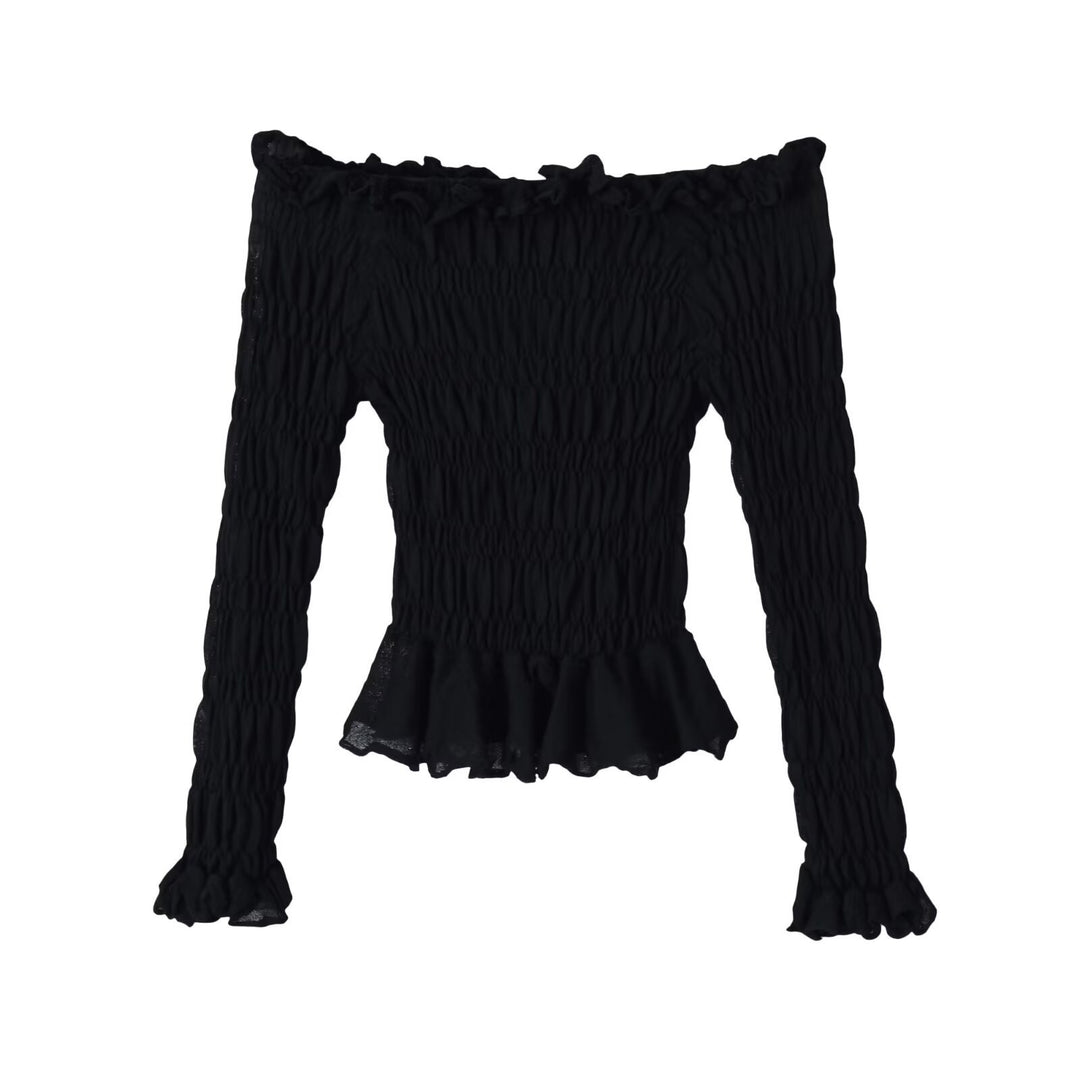 Ladies Off-Shoulder Smock Top with Long Sleeves and Ruffle Hem Amarae