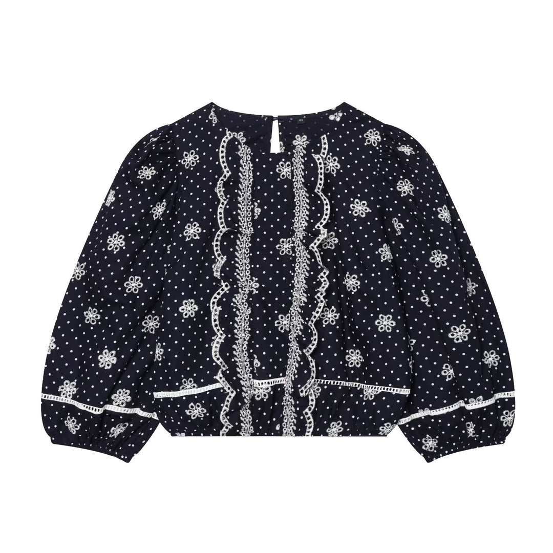 Women Embroidered Polka Dot Blouse with Ruffles and Balloon Sleeves Amarae