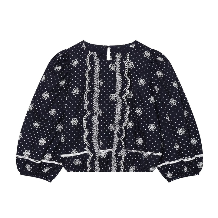 Women Embroidered Polka Dot Blouse with Ruffles and Balloon Sleeves Amarae