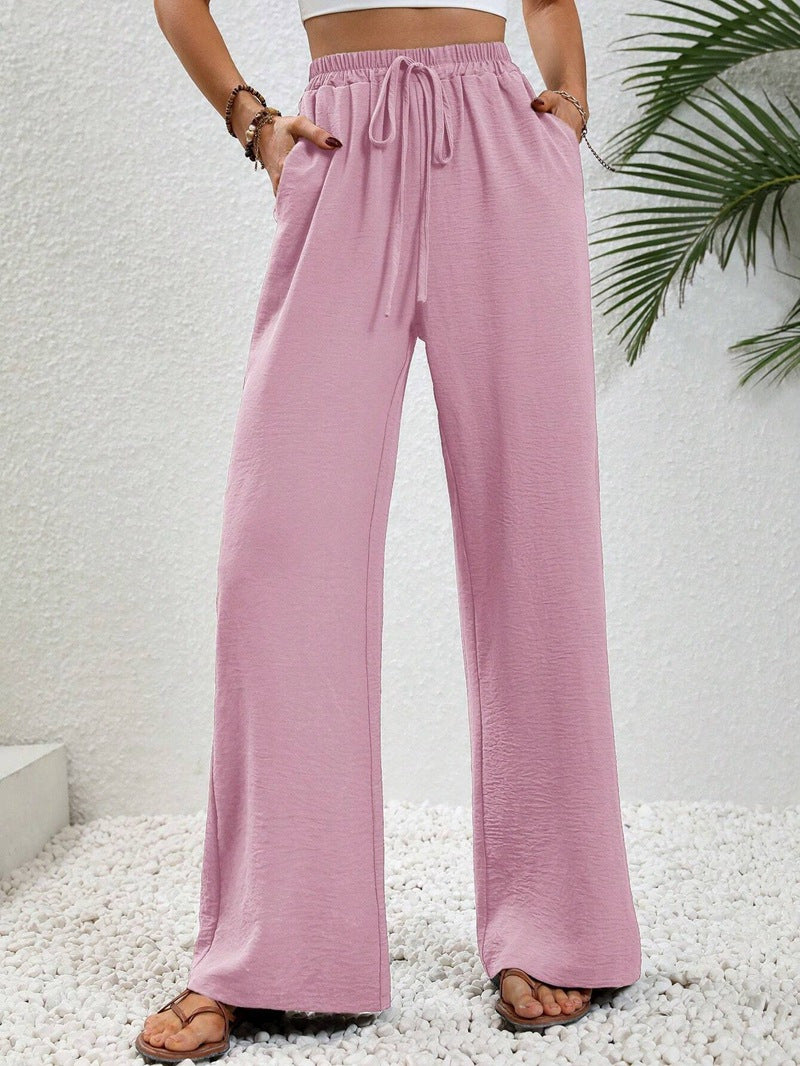Women's Light Palazzo Pants with Elastic Waistband, Drawstring, and Side Pockets Amarae