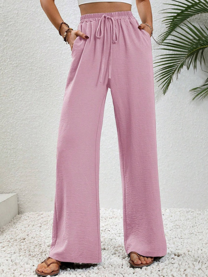 Women's Light Palazzo Pants with Elastic Waistband, Drawstring, and Side Pockets Amarae