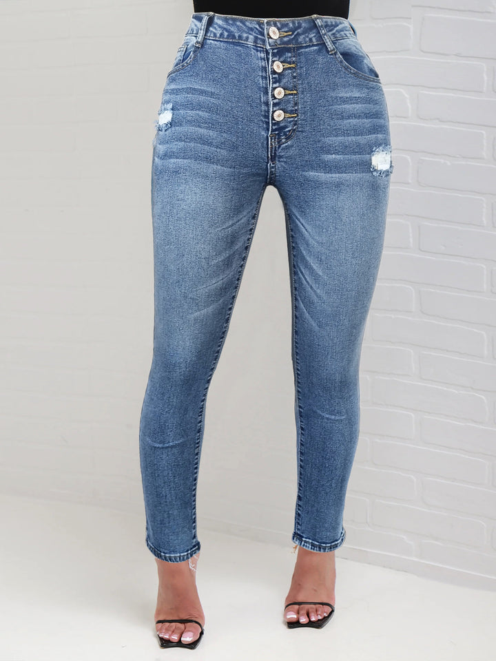 Women High-Waisted Sculpting Skinny Jeans with Visible Button Placket and Subtle Destroyed Detail Amarae