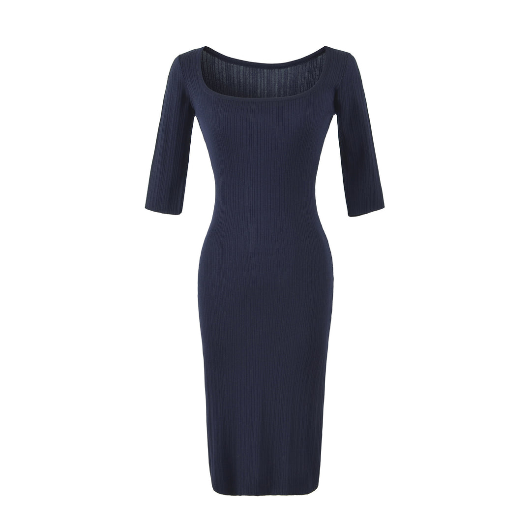 Women's Ribbed Midi Dress with Square Neckline and Three-Quarter Sleeves Amarae