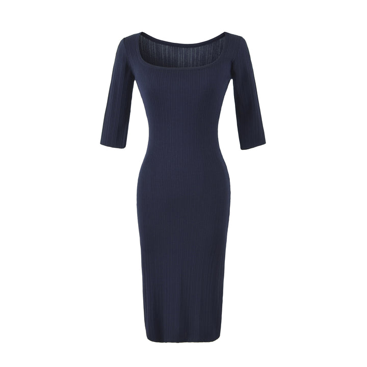 Women's Ribbed Midi Dress with Square Neckline and Three-Quarter Sleeves Amarae