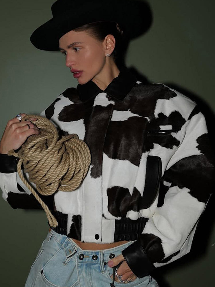 Women Short Cut Boxy Faux Fur Jacket in Cow Spot Pattern Amarae