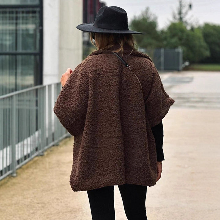 Women's Short Teddy Cape with Shawl Collar and Concealed Button Placket Amarae