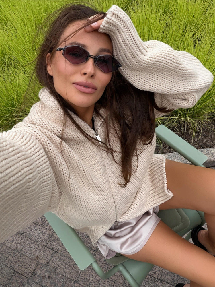 Women's chunky knit zip cardigan with high collar Amarae