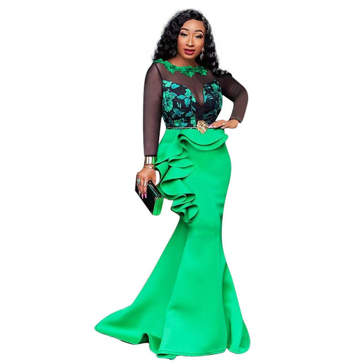 Ladies Elegant Evening Dress with Transparent Sleeves and Ruffle Detail Lune London