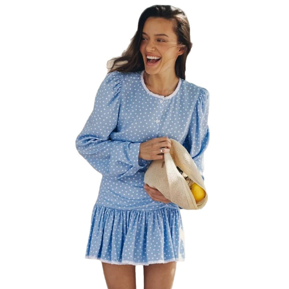 Women's Playful Polka Dot Two-Piece with Ruffled Mini Skirt and Puff Sleeves Amarae