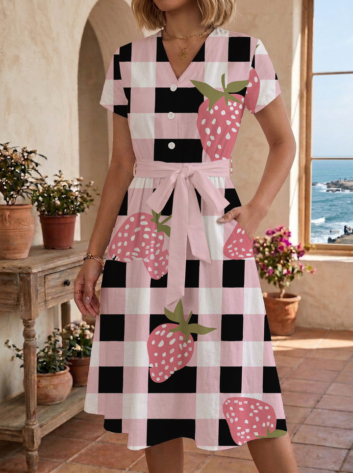 Women's Blooming Midi Dress with Adjustable Belt and Artistic Print Lune London