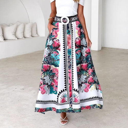Maxi skirt for women with floral pattern and belt at the waist Amarae